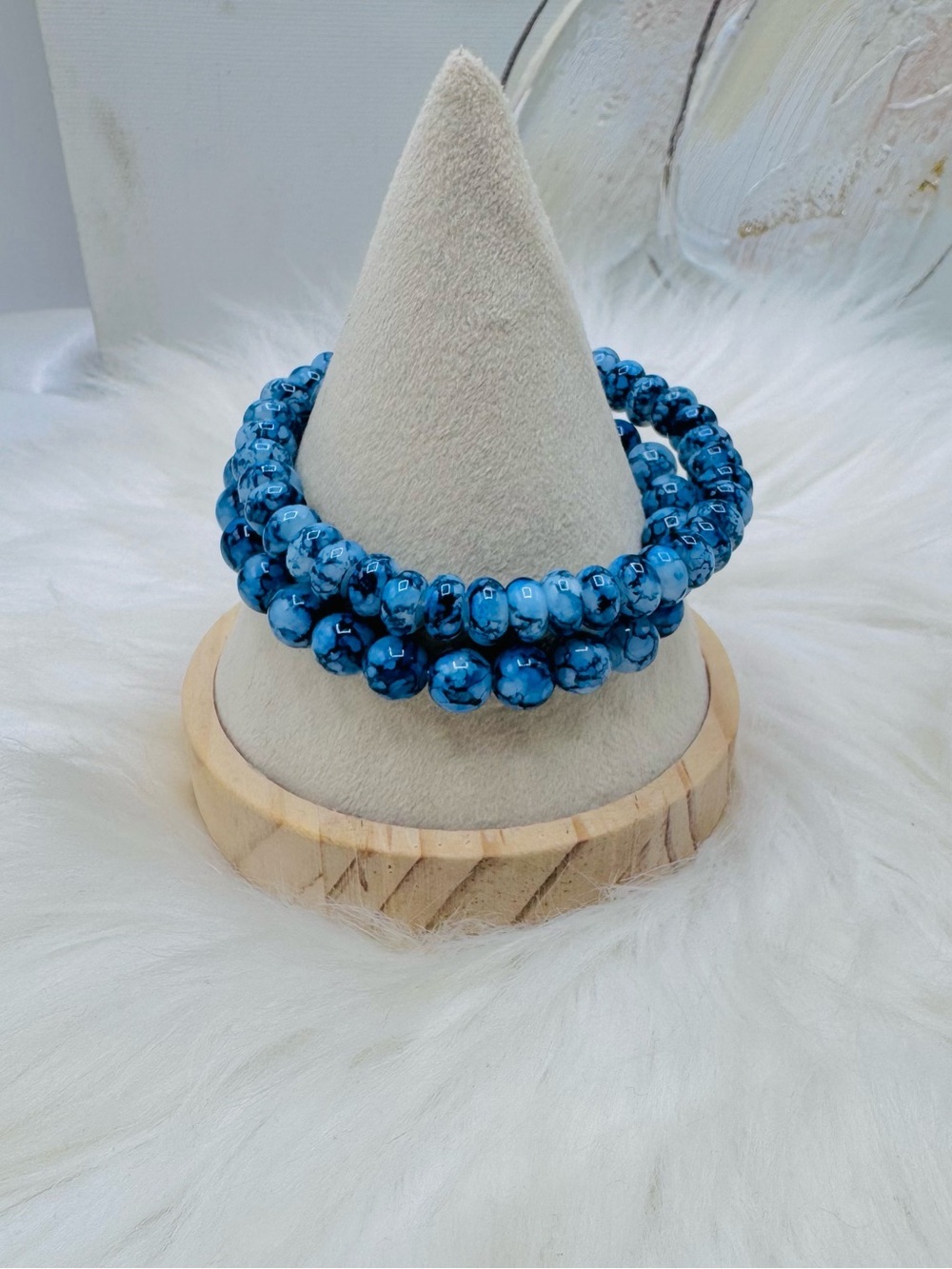 Blue Marbled Agate Beaded Stretch Bracelet Gemstone Set of 2 Bracelets